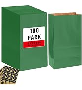 Bakepacker 100 Pcs Deep Green Treat Paper Bags with 100 Stickers 5.1"x3.1"x9.4" Brown Kraft Small...