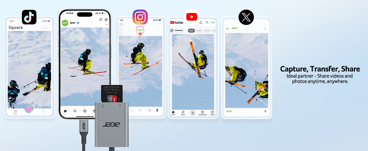 Smartphone displaying social media app screens with skiing photos. Connected to a device labeled 'Capture, Transfer, Share' suggesting media transfer functionality.