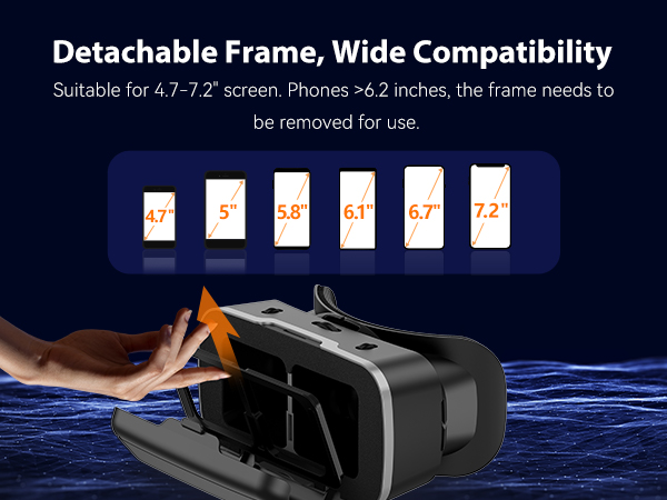 Text reads 'Detachable Frame, Wide Compatibility Suitable for 4.7-7.2' phones'. Dark background product demonstration showing mounting system.
