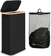iEGrow 60L Slim Laundry Hamper, Narrow Laundry Basket with Lid,Foldable Clothes Hamper with Bambo...
