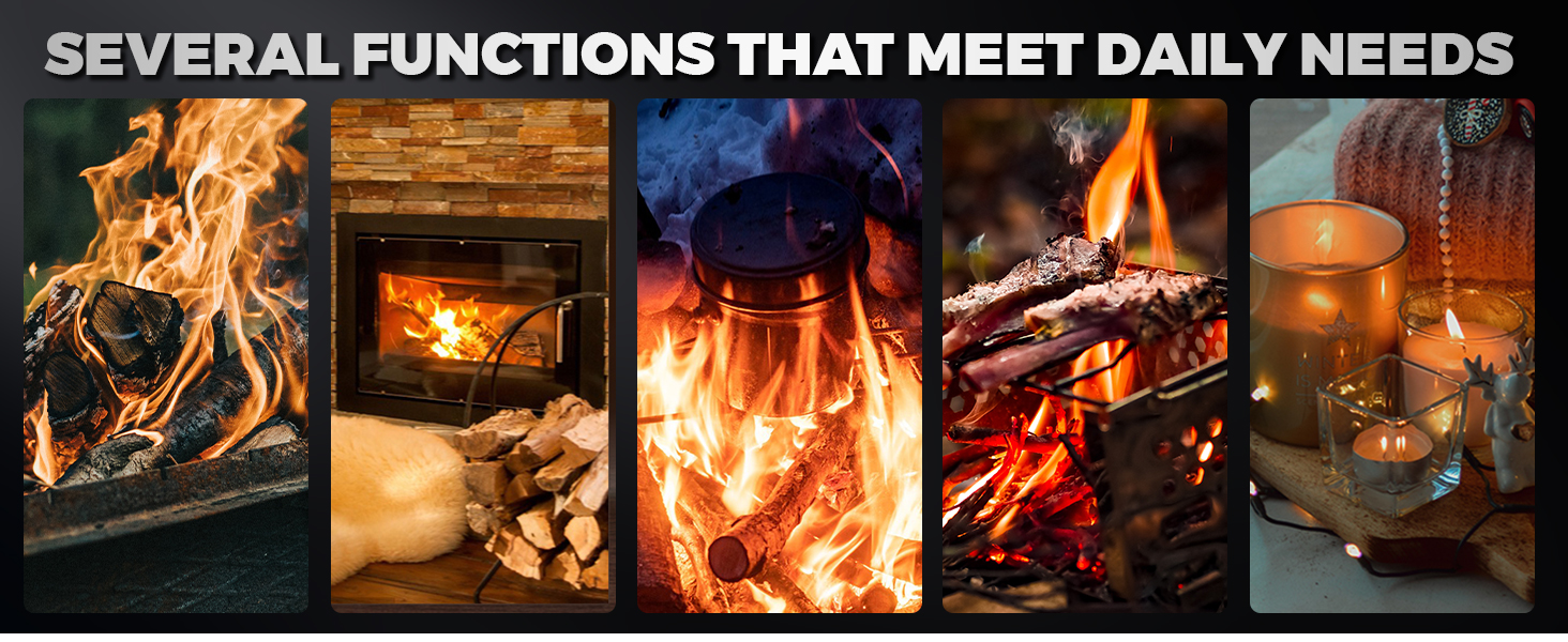 Collection of five fire-related images showing flames in different settings: outdoor fire, fireplace, campfire, grill, and candle flame.