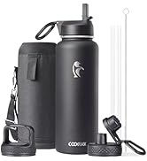 Water Bottle 40 oz Insulated with Straw&Brush, Coolflask Vaccum Stainless Steel Metal 3 Lids Wate...