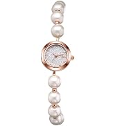 JewelryWe Women's Pearl Bracelet Watches: Ultra-Thin Analog Quartz Adjustable Drawstring Band Cas...