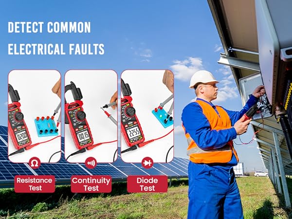 Electrical testing tools for detecting faults, showing resistance, continuity, and diode tests. An electrician works on solar panels in the background.