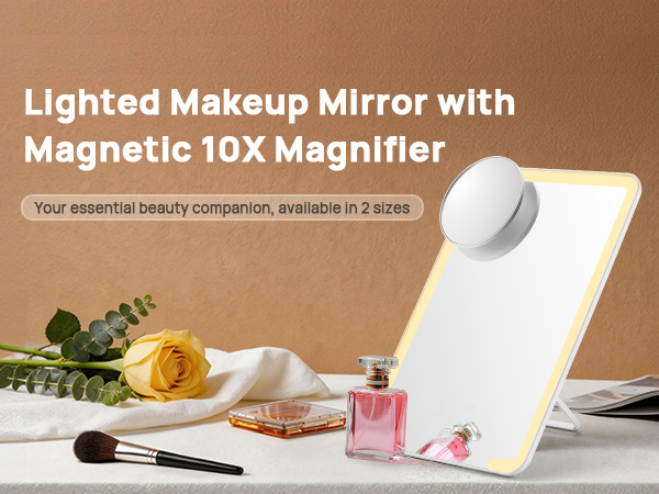lighted makeup mirror with magnetic 10x magnifier