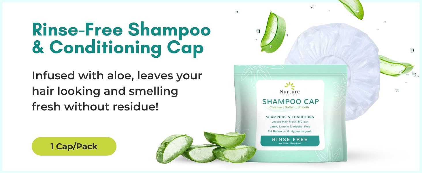 infused with aloe vera, leaves hair smelling fresh, no rinse shampoo cap