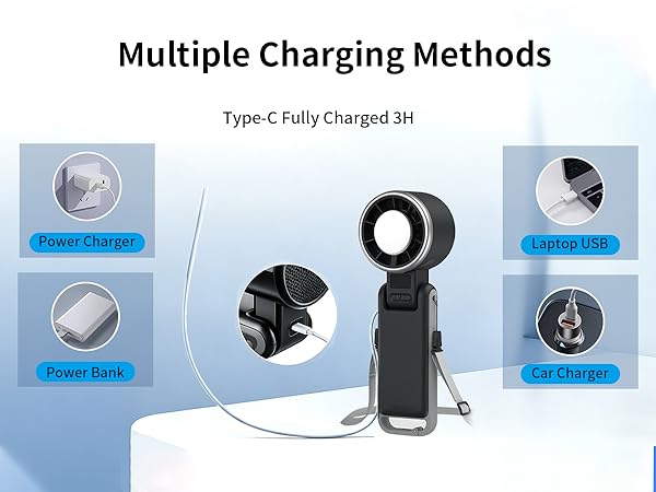 Text reads 'Multiple Charging Methods' and 'Type-C Fully Charged 3H'. Handheld device with multiple charging option icons: Power Charger, Power Bank 3, Charging USB, Car Charger shown around central black handheld unit.