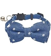 THAIN Cat Collar Breakaway with Bell and Bow Tie Safety Buckle Denim Dots Adjustable 7-11 inches ...