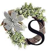 Monogram Initial Letter Wreaths for Front Door with Striped Linen Bow & Fake Green Grass on Grape...