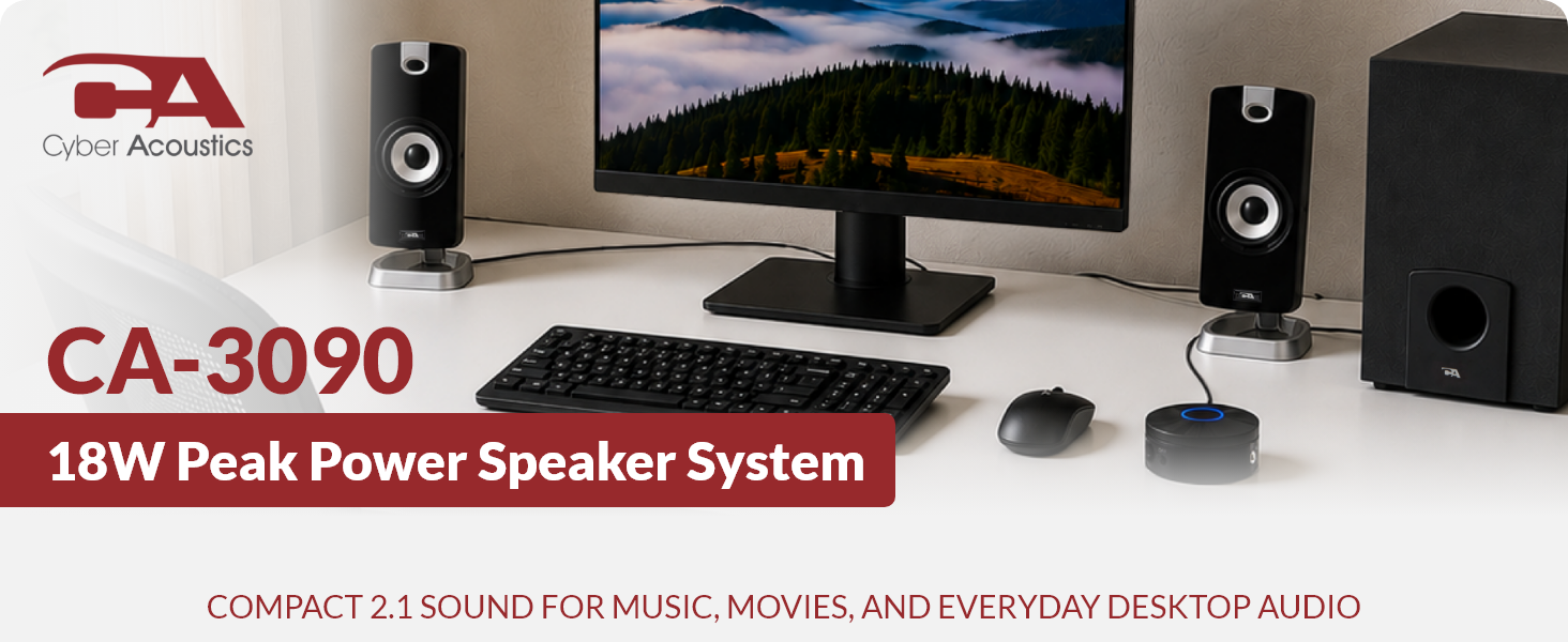 18W Peak Power, 2.1 Speaker System, Compact Design, Small Footprint, Computer Speakers