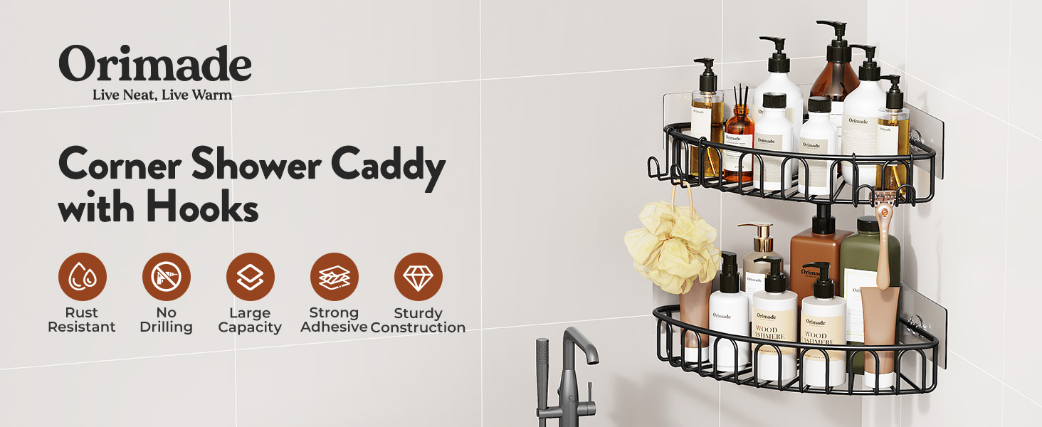 Orimade Corner Shower Caddy Stainless Steel with Hooks Wall Mounted Bathroom Shelf Storage Organizer