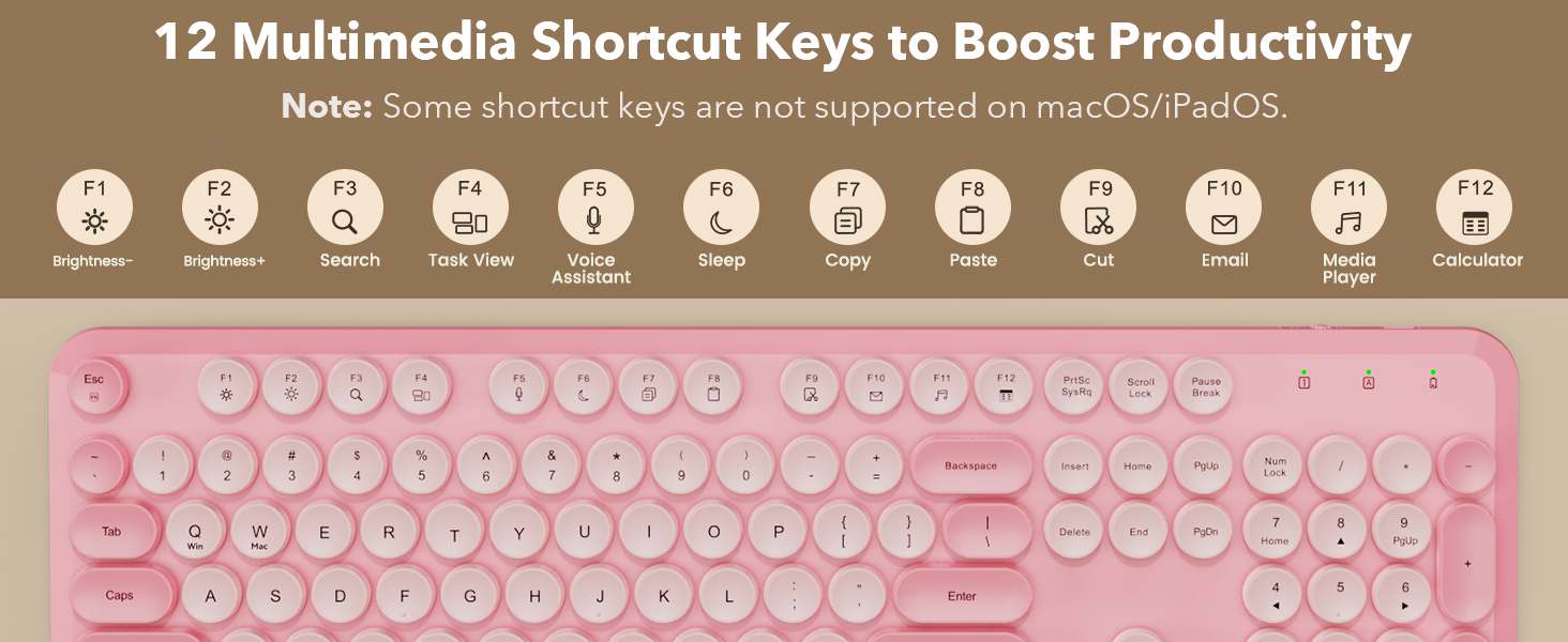 12 shortcut keys let you adjust brightness, search, manage tasks, control media, and so on