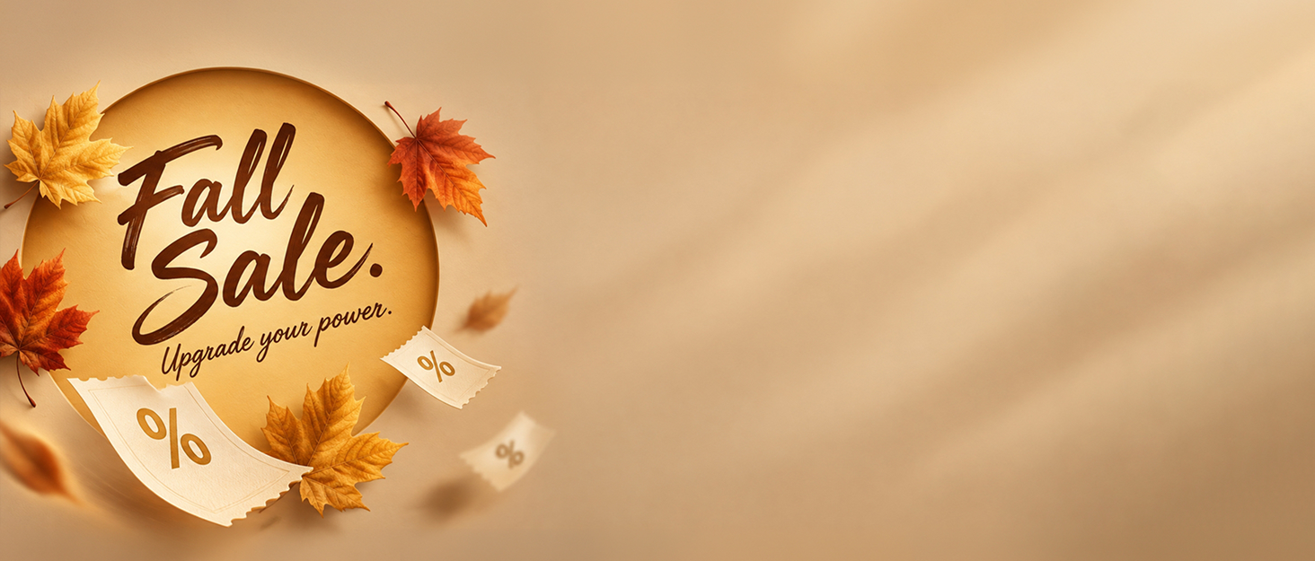 Text reads 'Fall Sale' with percent symbol. Autumn-themed promotional graphic featuring fall leaves and gold-toned circular design element on beige background.