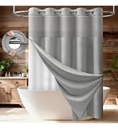 BTTN Grey Ringless Shower Curtain Set, Linen Textured Waterproof Fabric Shower Curtain with Magne...