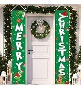 Christmas Decorations MERRY CHRISTMAS Green Banner Xmas Porch Door Sign Welcome Banner Decor for ...