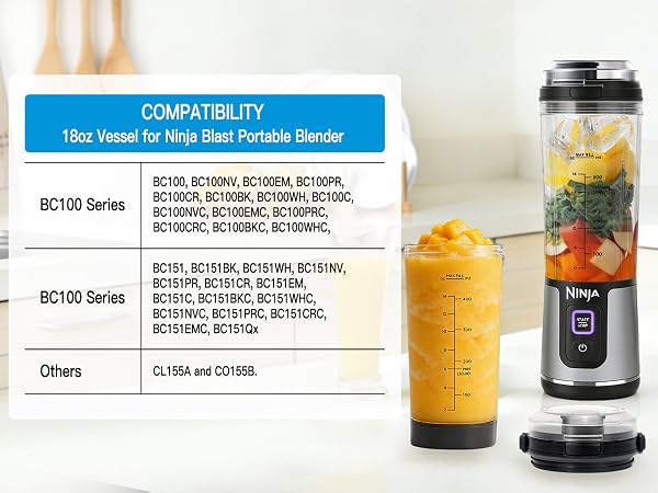 Replacement 18 oz Blending Vessel Compatible with Ninja Blast Portable Blender