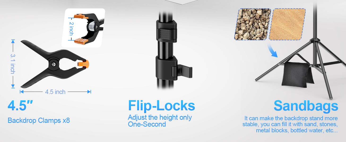 EMART Backdrop Stand 10x7ft with 8x 4.5inch Backdrop Clamps, 2 Sandbags, Flip-Locks One-Second Open