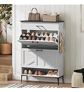 MAHANCRIS Shoe Cabinet with 2 Flip Drawers, Farmhouse Shoe Storage Cabinet for Entryway, Freestan...