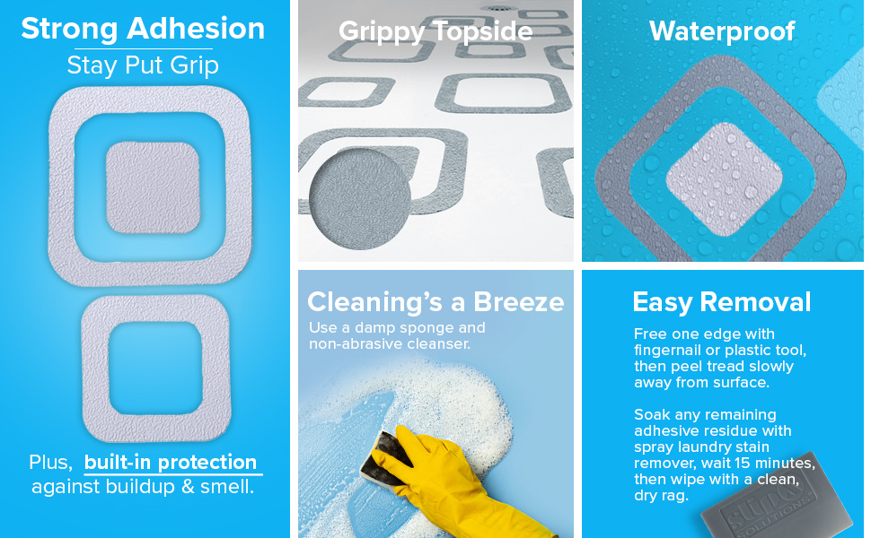 Strong adhesion keeps our safety treads in place-add waterproof safety to your tub and more!