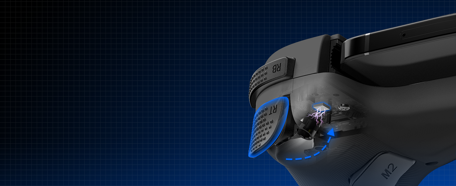 Close-up of black device corner with blue accent detail against dark blue gradient background. Partial view of technology product with metallic finish and glowing blue element.