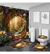 Nkzply 4Pcs Forest Shower Curtain Set Nature Garden Bathroom Sets with Rugs | Fantasy Mystical Wo...