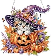 Bowetile Halloween Diamond Art Hanging Kits for Adults Kids, Cat Diamond Art Suncatchers, 5D Spec...