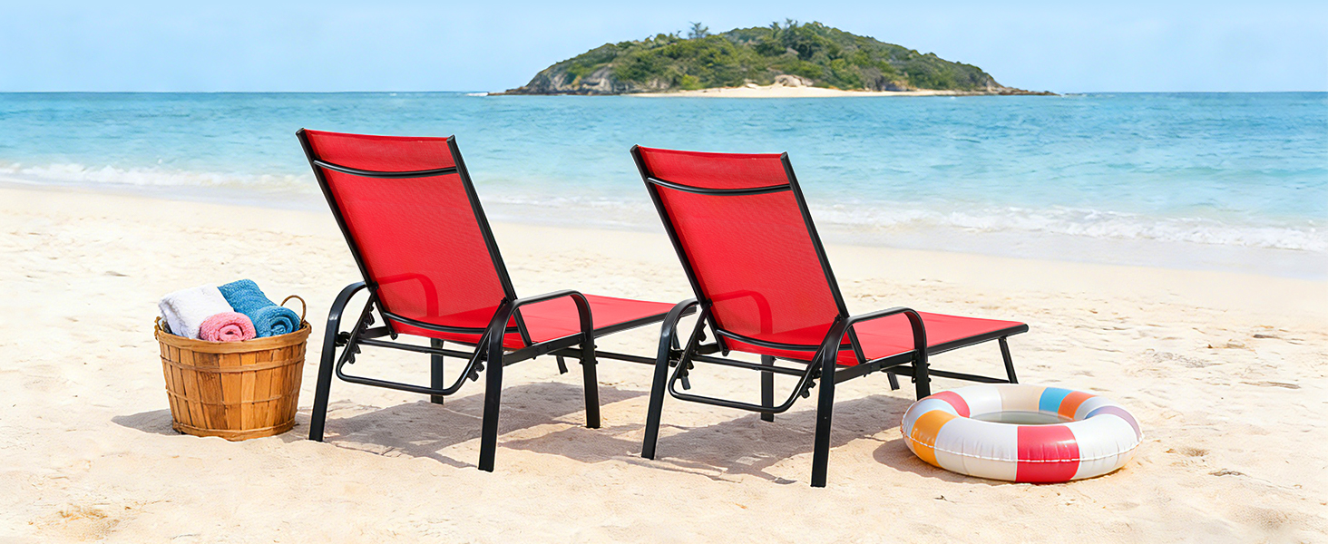 Chaise Lounge Chair, 5 Adjustable Beach Lounge Recliner Chair with Armrests, Outdoor