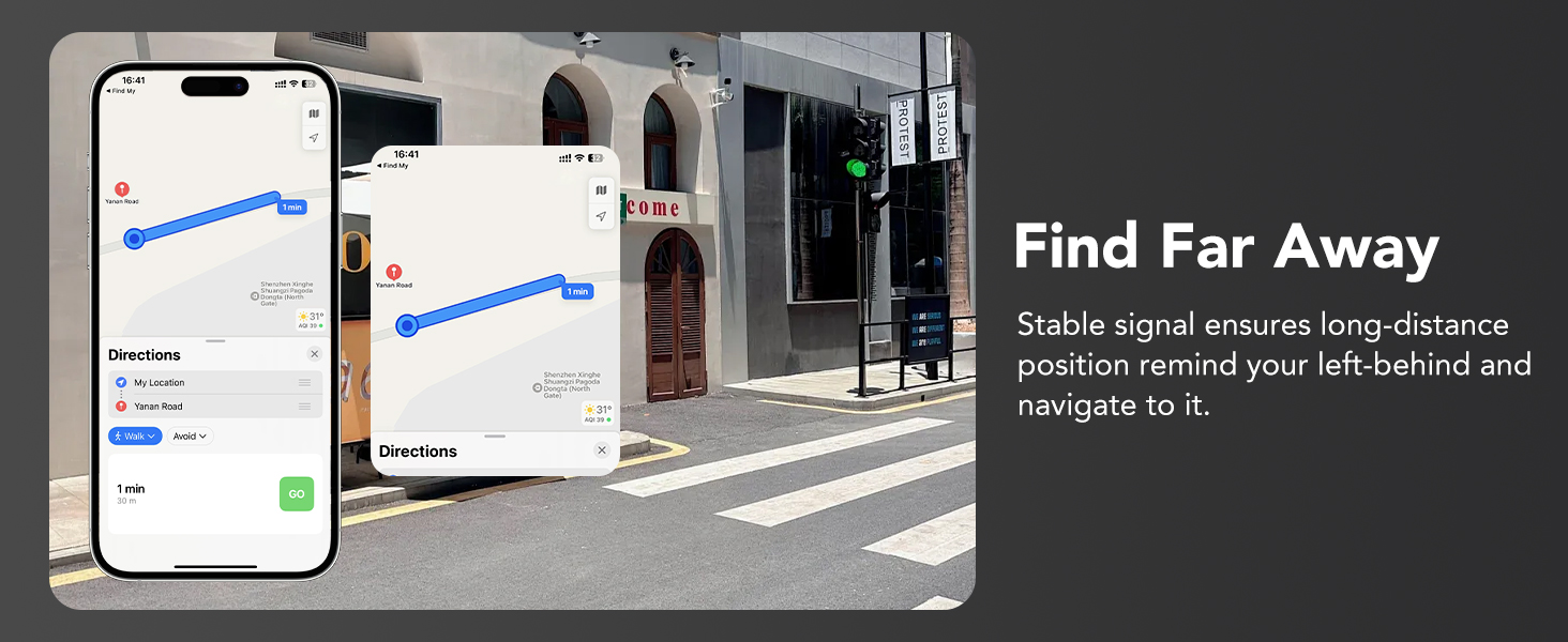 Text reads 'Find Far Away'. Multiple smartphone interface screenshots showing map-based navigation or location tracking features with blue directional indicators.