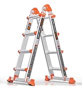 KINGRACK Ladder, A Frame 4 Step Extension Ladder, 11.4 Ft Anti-Slip Multi Position Ladder with St...
