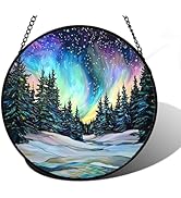 DASTOLL Stained Glass Window Hanging, Aurora Landscape Sun Catchers Glass Panel Green Trees Sunca...