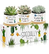 3Pcs Teacher Appreciation Gift Succulent Pots Mini Ceramic Plant Pot with Bamboo Tray Pots Plante...