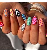 Colorful Press on Nails Short Medium Length Almond Fake Nails with Checkered Striped Design Cute ...