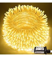 JMEXSUSS 200 LED String Lights Indoor Outdoor Clear Wire, Connectable Warm White Christmas String...