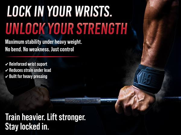 Athlete wearing black wrist wraps gripping barbell with text highlighting strength and support