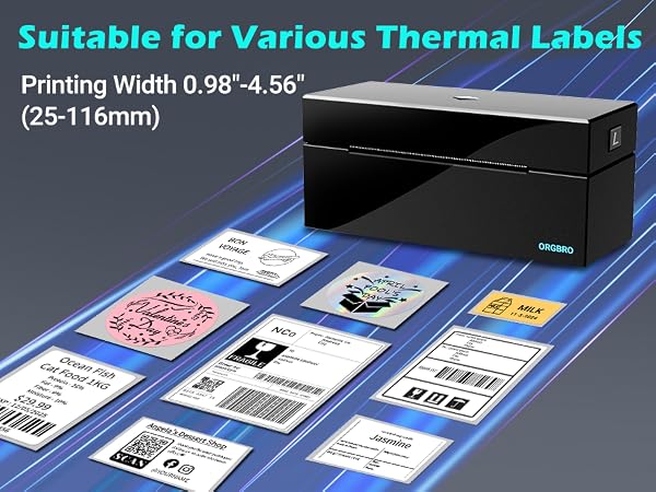 Text reads: 'Suitable for Various Thermal Labels' 'Printing Width 0.98"-4.56" (25-116mm)'. Black label printer shown with multiple printed label examples on blue surface.