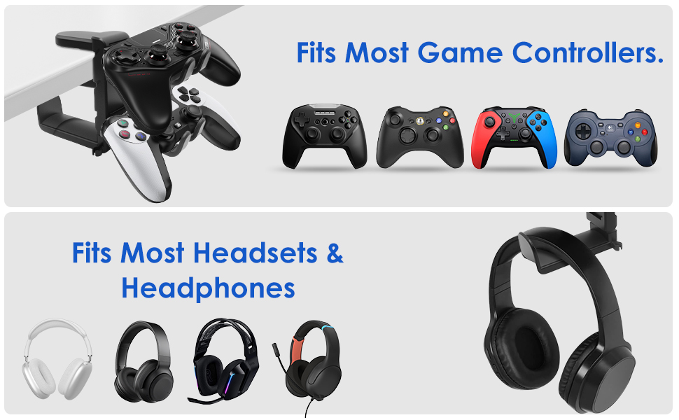 Text reads 'Fits Most Game Controllers' and 'Fits Most Headsets & Headphones'. Display of gaming accessories including various controller models and gaming headsets mounted on holders.