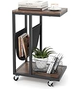 Giantex C Shaped End Table with Rolling Wheels, Sofa Side Table with Magazine Storage Holder & Me...