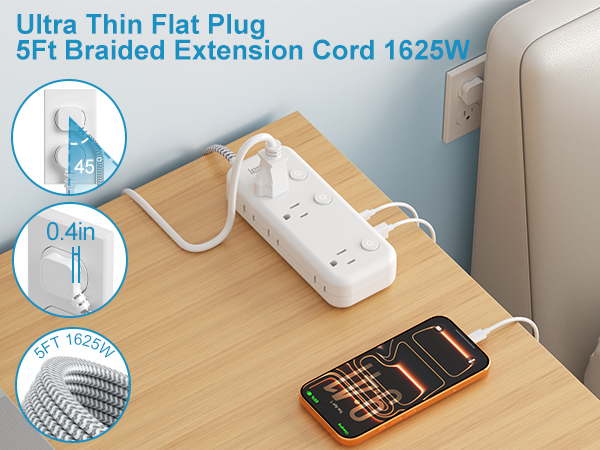 Flat Plug Power Strip Slimmer Than Traditional Plugs,