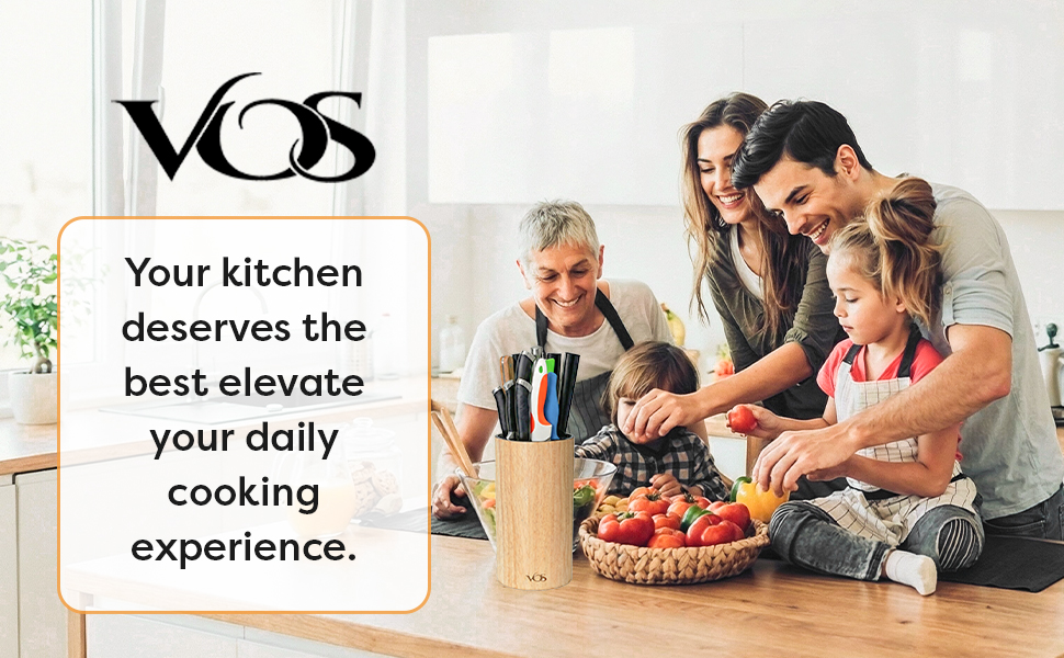 Vos oak wood knife block non slip base holds knives firmly on wet kitchen countertop near sin