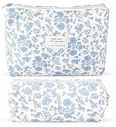 2Pcs Quilted Cotton Makeup Bag Large Travel Makeup Pouch Small Brush Holder Set for Women Floral ...