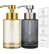 2Pack Glass Soap Dispenser with Stainless Steel Pump,12oz Thick Glass Gold Hand Liquid Soap Dispe...