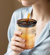 Zukro 13 oz Glass Iced Coffee Cups with Lids and Straw| Leakproof Reusable Cute Thick Wall ...