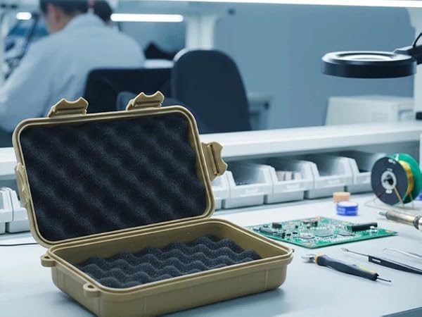 Open tan case on electronics repair workbench with tools and components