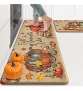 KIMODE Fall Decor Kitchen Mats Cushioned Anti Fatigue, Brown Pumpkin Carriage Kitchen Rugs Sets o...