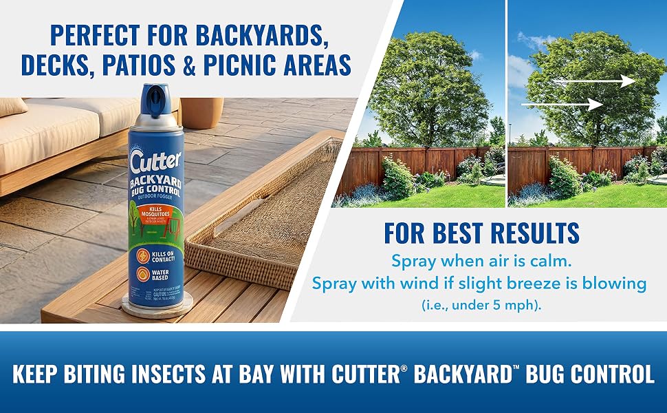 Product banner with multiple features and lifestyle image of the Cutter Backyard Bug Control Fogger