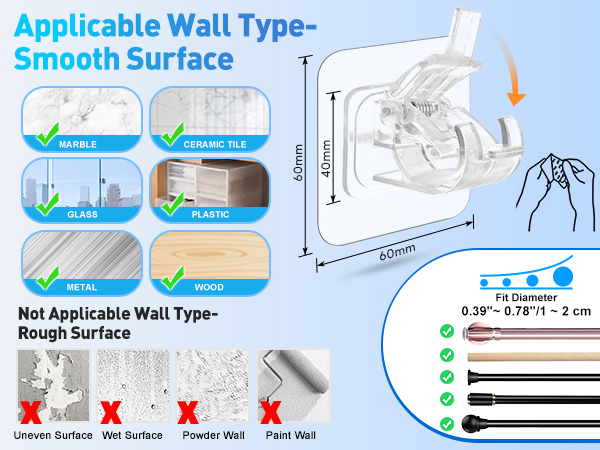 Transparent Self-Adhesive Nail Free Wall Mount Curtain Rod Holder Hooks