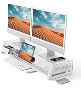 Vaydeer All-in-One Dual Monitor Stand Riser with 2 Drawers, 8USB Ports and Wireless Charging Pad ...