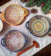 Domini 4pcs Floral Ceramic Soup Bowls with Double Handles 32OZ - Microwave Oven Dishwasher Safe,R...
