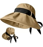 Women's Foldable Wide - Brim Bucket Sun Hat with Bow - Knot Decoration & Adjustable Elastic Strap...