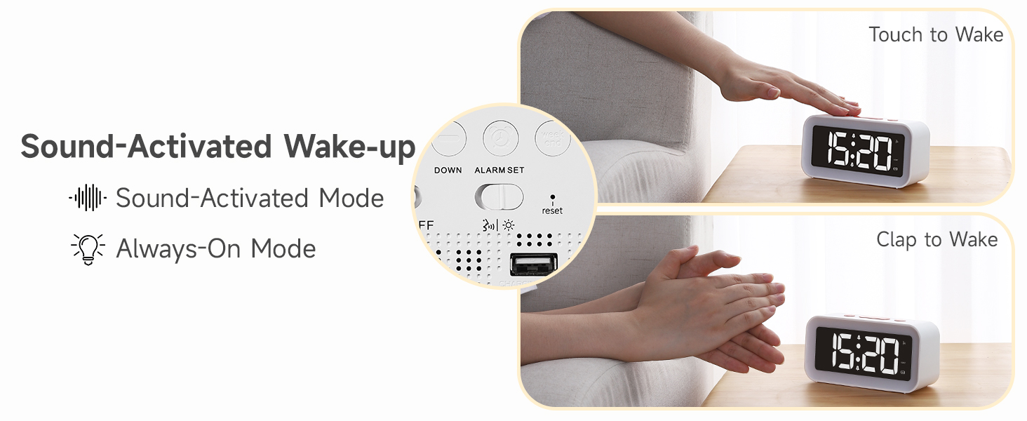 sound activated alarm clock sound sensor touch to wake clap always on display modes